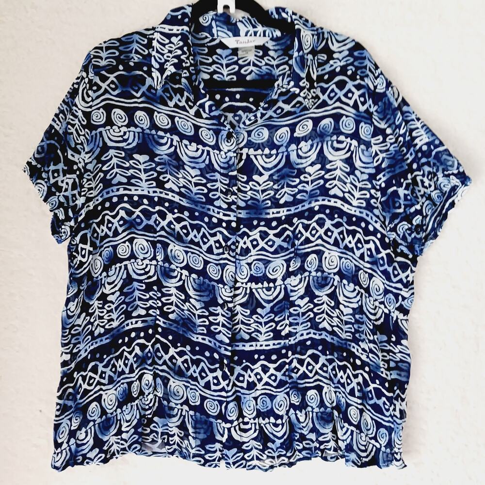 Top Blouse Button-Up TanJay Blue White Floral Short Sleeve Sheer Cruise Size 18